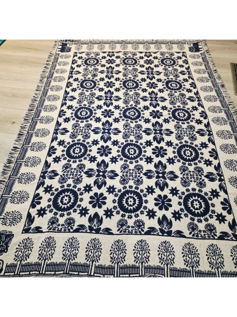 Vtg Blue White Jacquard Coverlet Lion Americana Replica Throw Blanket
